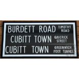 Three Vintage London bus Route Master spool signs, Burdett Road,