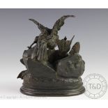 After Jules Moigniez (French 1835-1894), a bronze group of two fighting sparrow, on oval base, 18.