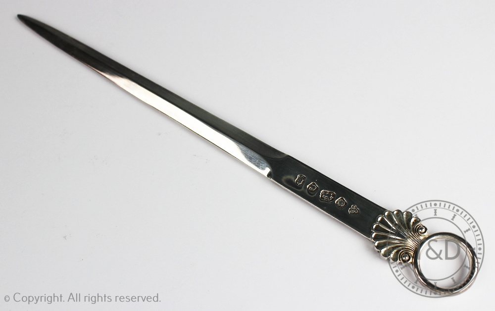 A silver meat skewer letter opener / knife, C. J. Vander, Sheffield 1977, with shell terminal, 3. - Image 2 of 3