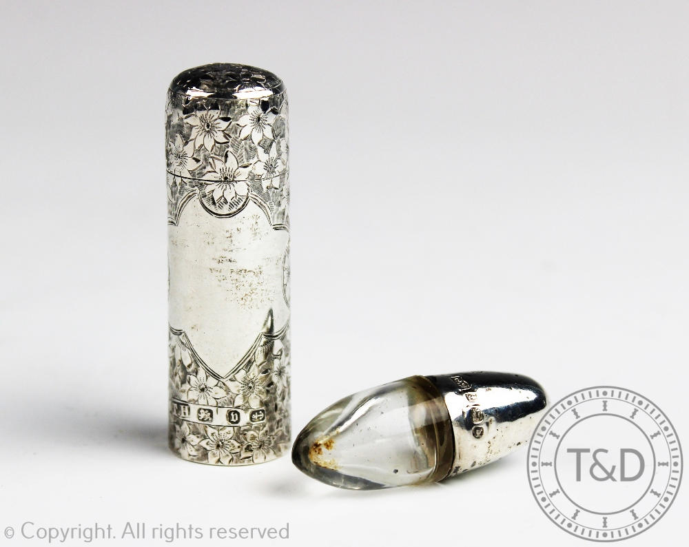 Two Victorian silver scent bottles, of cylindrical form, the larger lacking stopper Birmingham 1878,