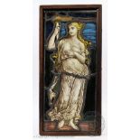 A 19th century stained glass panel, depicting a maiden holding a flaming torch, 38cm x 16.