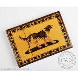 A Tunbridge ware calling card case depicting a dog, 19th century, with parquetry decoration verso,