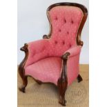 A Victorian pink upholstered walnut salon chair,