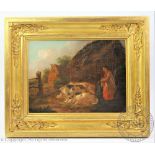 Follower of George Moorland, Pair of oils on board, Country scenes with pigs, sheep and figures,