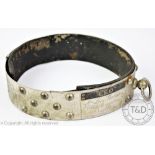 A large 19th century studded dog collar, with plaque named 'Leo' and engraved 'Mrs Lees Walkden,