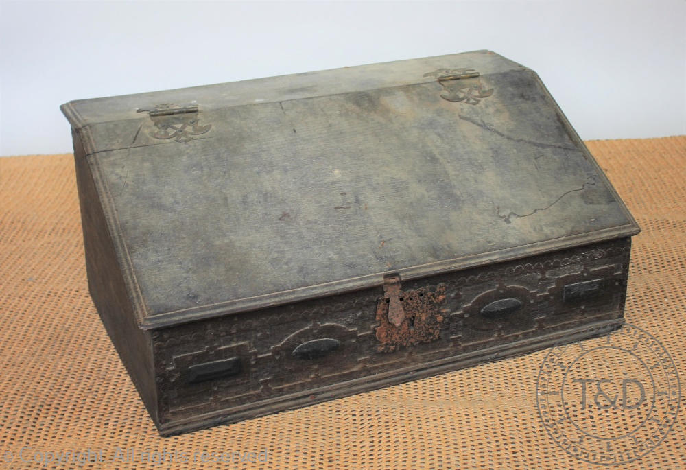 An 18th century oak bible box, with carved detailing, 29cm H x 67cm W x 40cm D,