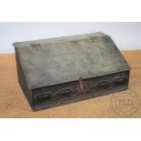 An 18th century oak bible box, with carved detailing, 29cm H x 67cm W x 40cm D,