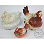 A 19th century Staffordshire pottery tureen and cover in the form of a hen,