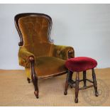 A Victorian mahogany salon chair, with mustard upholstery, on scroll legs, 106cm H,