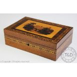 A late 19th century Tunbridge Ware rosewood box, decorated with a view of Warwick Castle,