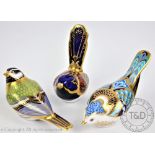 Three Royal Crown Derby bird paperweights comprising; Fairy Wren, Mountain Blue Bird and Great Tit,