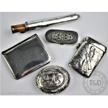 A selection of silver to include an Edwardian novelty silver golfing vesta case, W J Myatt & Co,