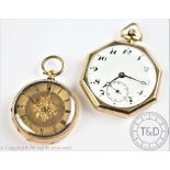 An '18K' cased ladies fob watch, the gilt dial with floral detailing and black Roman numerals,