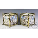 A pair of John Moyr Smith for Minton Aesthetic Movement cast brass and tile inset jardinieres,