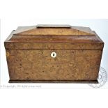 A Victorian burr walnut sarcophagus shaped tea caddy,