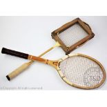 A selection of vintage tennis rackets to include an early 20th century convex wedge example stamped
