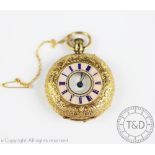 An 18k yellow gold and pink enamelled fob watch,