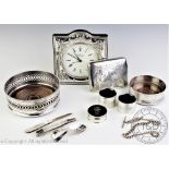 A selection of silver and plated items, to include a modern silver mounted desk time piece,