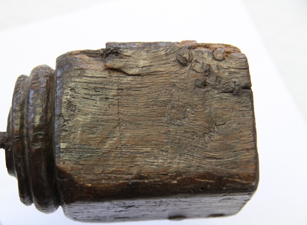 A primitive 18th century iron rush nip light, upon a later oak block base, - Image 5 of 6