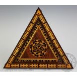 A late 19th century Tunbridge Ware rosewood triangular cribbage board attributed to Thomas Barton,