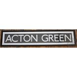 Two vintage London Bus Route Master spool signs, 'Acton Green' and 'Aldgate', 19cm x 106cm,