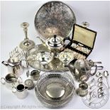A selection of silver plated wares to include a galleried oval tray, 40cm wide,