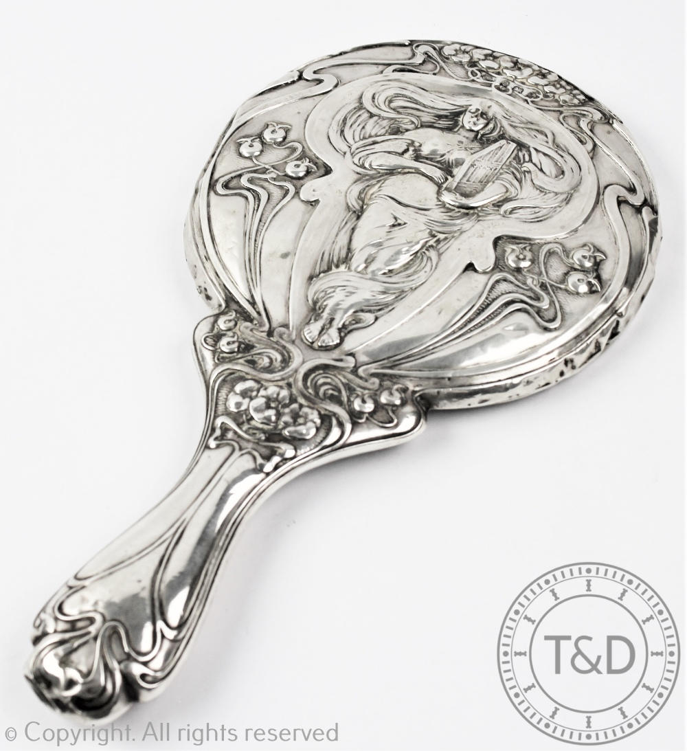 A silver Art Nouveau dressing table hand mirror, William Aitken, Birmingham 1903,