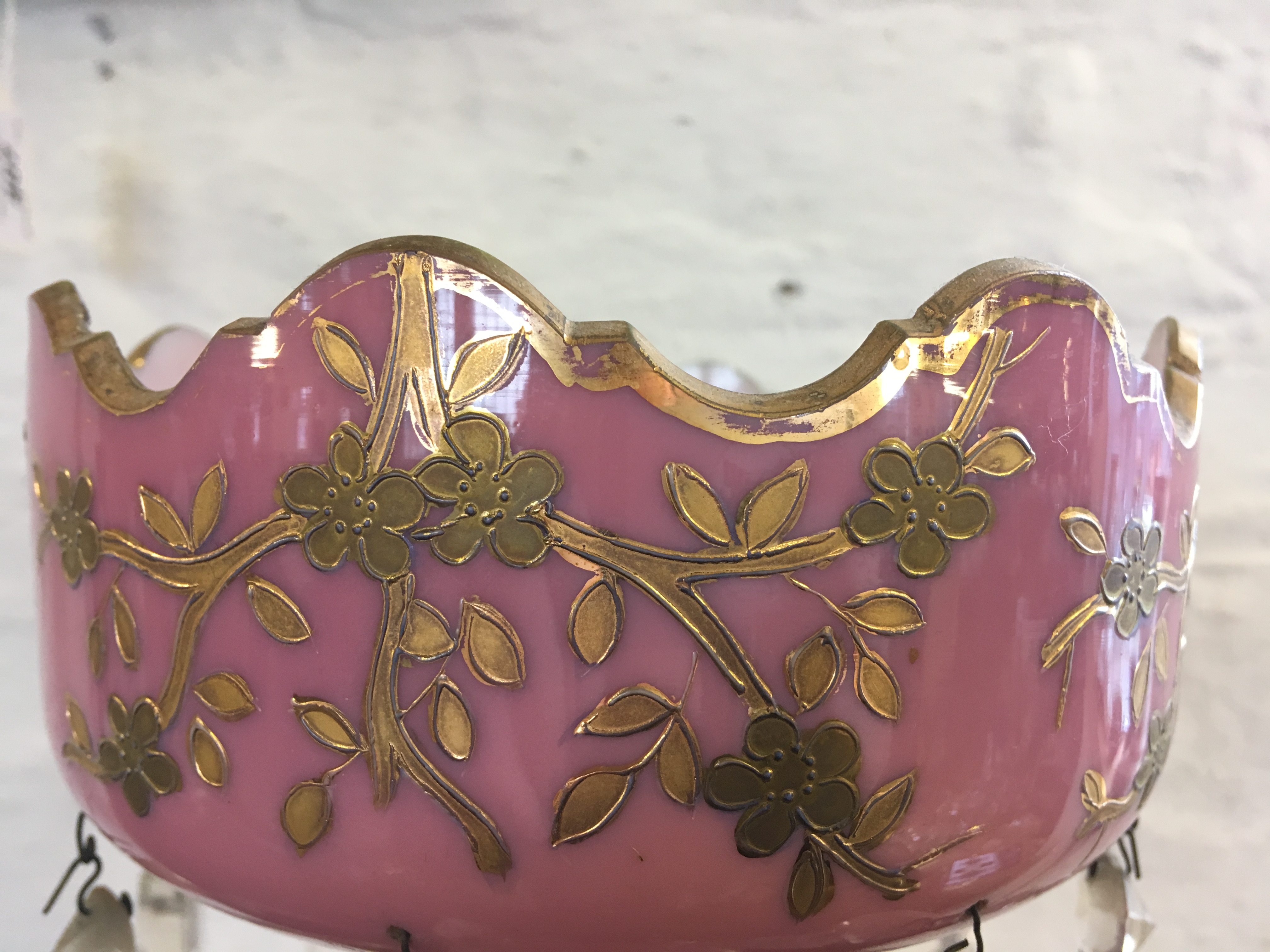 A pair of late Victorian pink opaline glass lustres, - Image 2 of 12