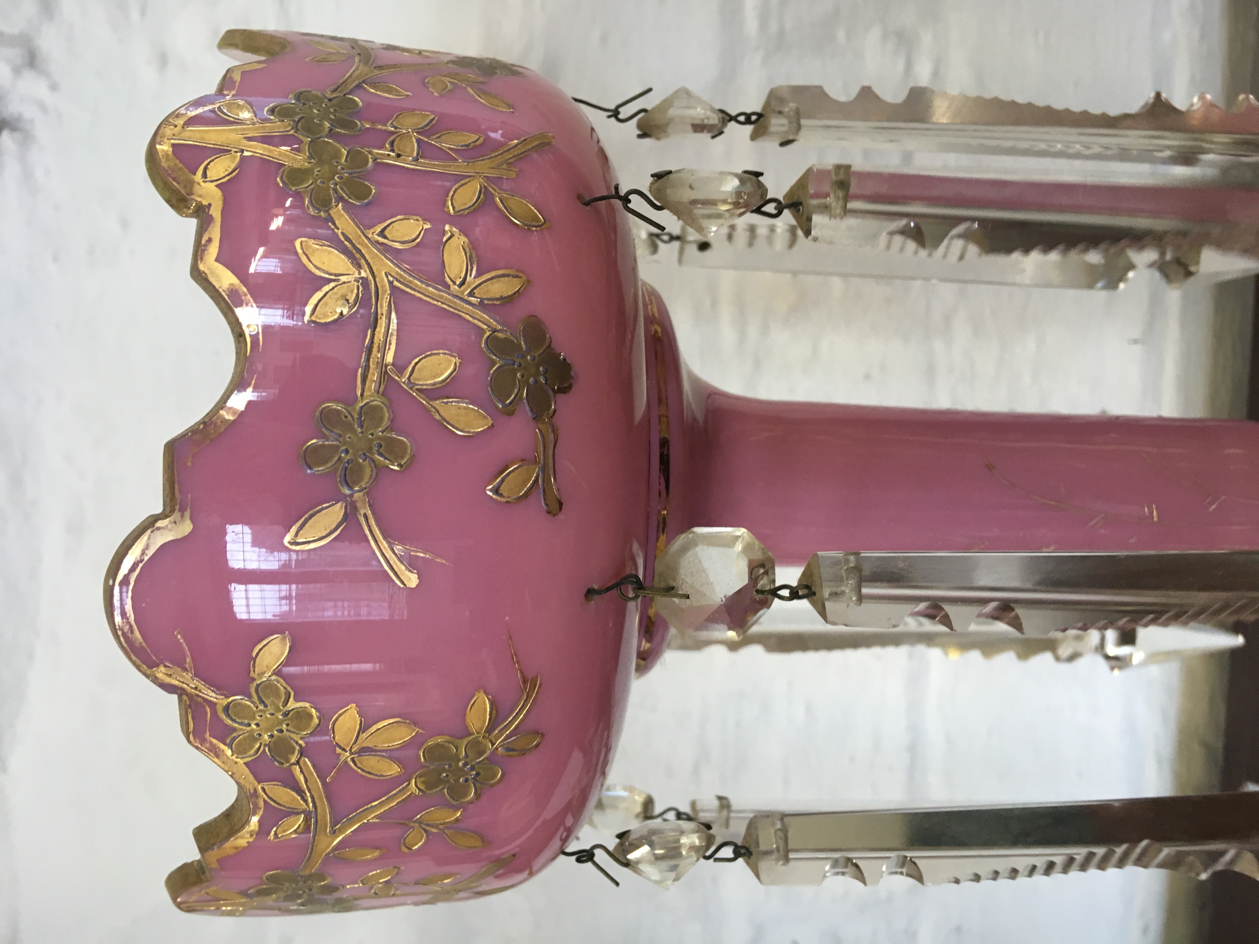 A pair of late Victorian pink opaline glass lustres, - Image 9 of 12