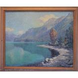 Primitif Bono (Italian 1880-1955), Oil on canvas, Extensive landscape of mountainous ,