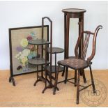 An Edwardian stained beech music chair, with lyre shaped back, 82cm H, with a pot cupboard,