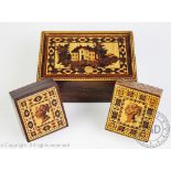 Two Tunbridge Ware stamp boxes, each decorated with a bust each 4cm high,