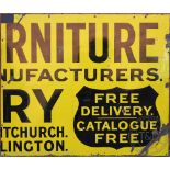 A vitreous enamel advertising sign fragment, for a Furniture Makers near Whitchuch, (at fault),