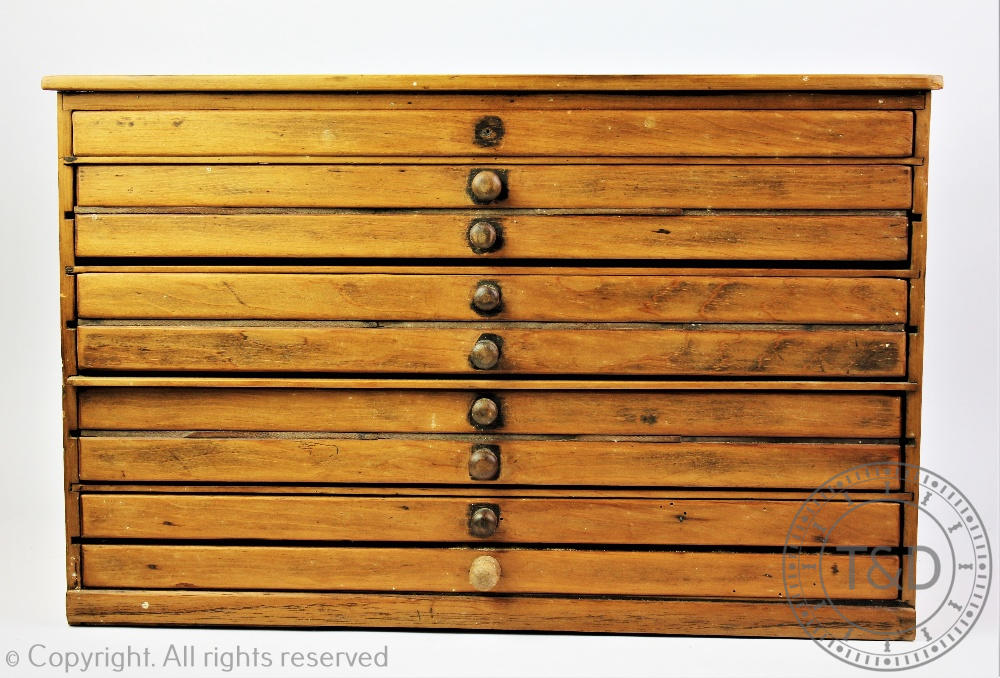 A pine collectors chest of five long drawers, with bun handles, 33cm H x 51.