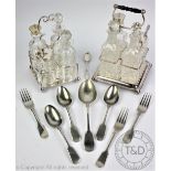 A selection of silver plated wares to include a four piece cruet stand,