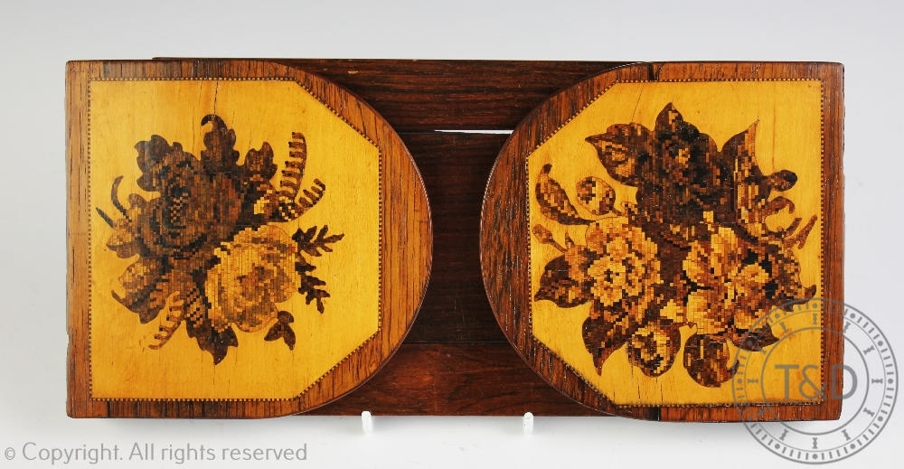 A late 19th century Tunbridge Ware rosewood book slide, decorated with two floral marquetry panels,