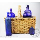 A collection of Kitchenalia to include five Bristol blue glass apothecary bottles,