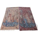 A pair of Arts and Crafts style printed canvas wall hangings, c1900, of medieval style,