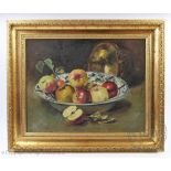 English School - early 20th century, Oil on canvas, Still life of apples in a Delft bowl,