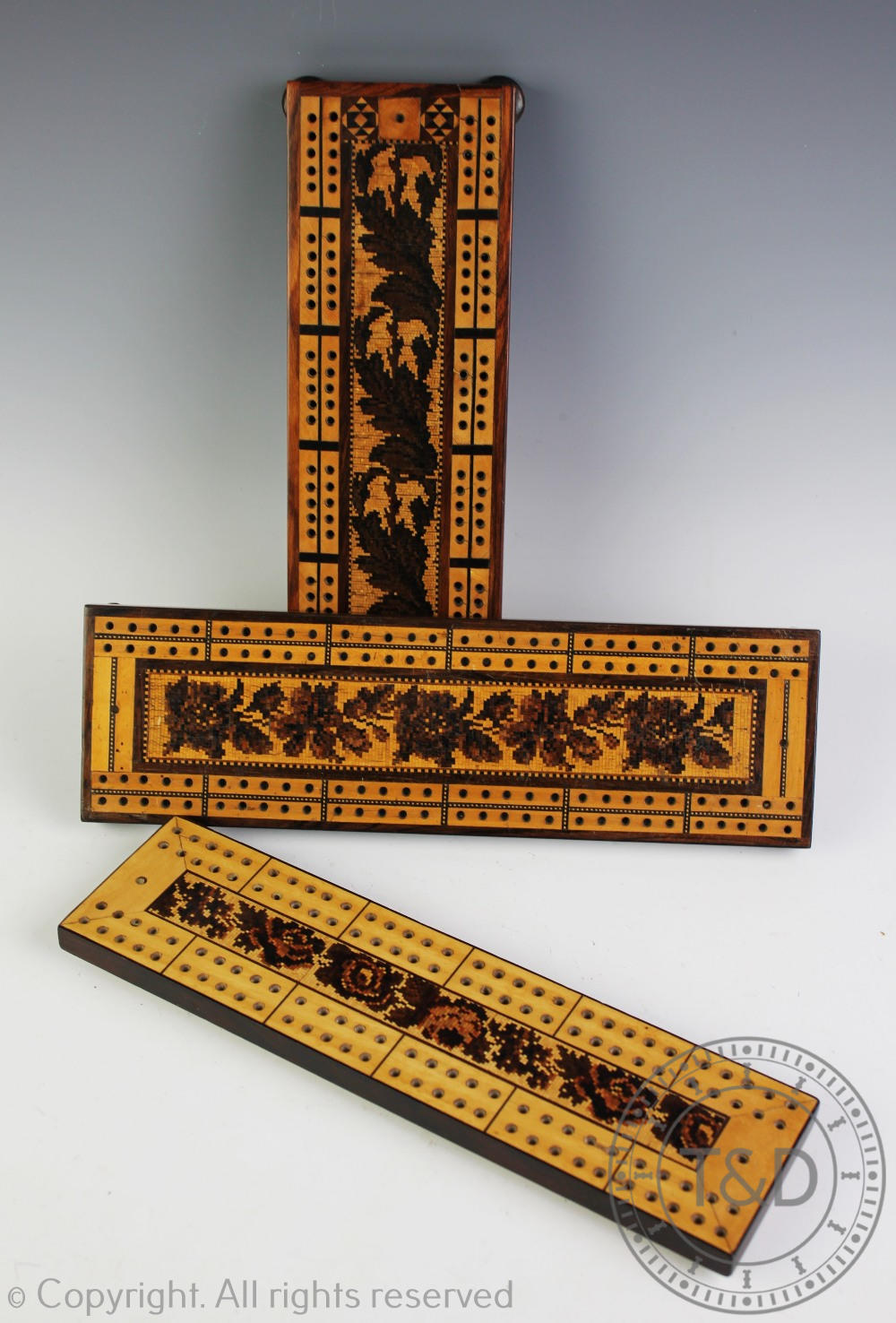 Three late 19th century Tunbridge Ware inlaid cribbage boards, - Image 3 of 3