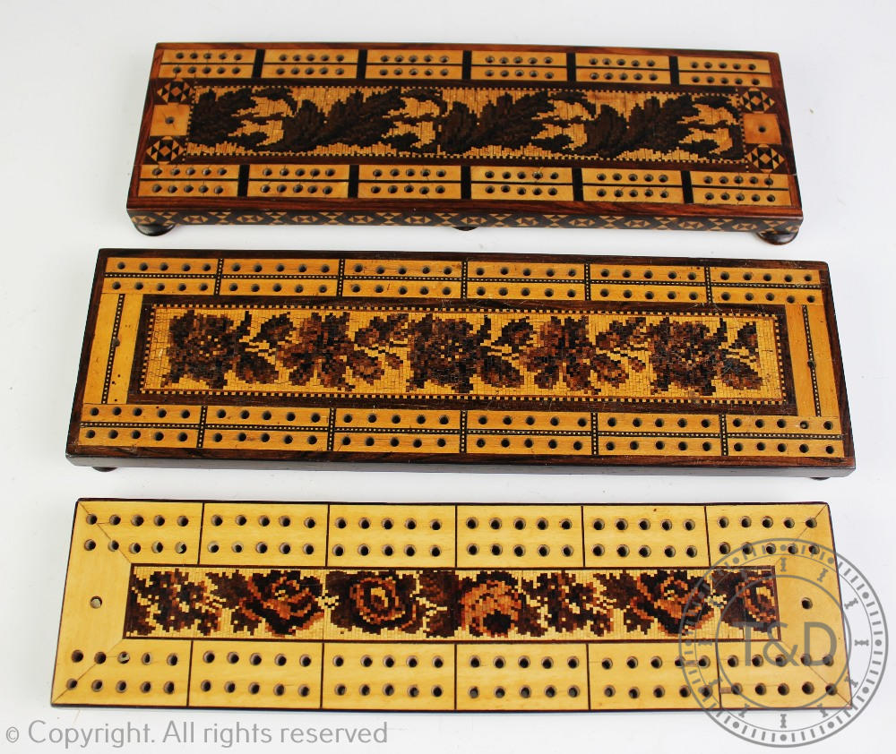 Three late 19th century Tunbridge Ware inlaid cribbage boards, - Image 2 of 3