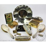 A selection of items to include an assembled silver backed five piece dressing table set,