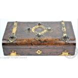 A Victorian burr walnut veneered games compendium with agate cabachon mounts,