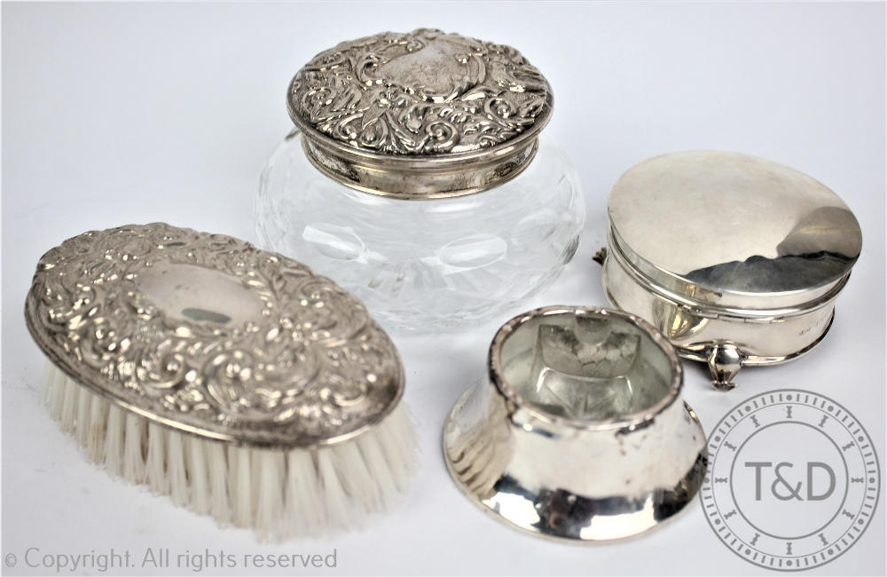 A selection of small silver, comprising; a silver topped powder jar, top by W I Broadway & Co,