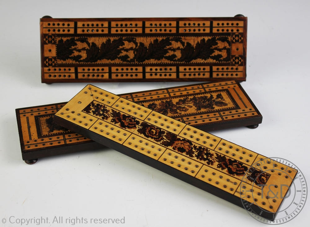 Three late 19th century Tunbridge Ware inlaid cribbage boards,