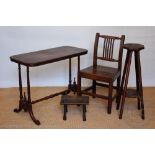 A Victorian walnut stretcher table, 68cm H x 88cm W x 43cm D, with a stained pine milking stool,