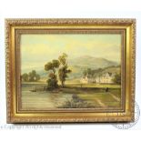 Fred Taylor - late 19th century, Oil on artist board, River landscape with manor house, Signed,