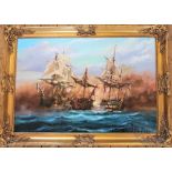Peter Gerald Barker, Oil on canvas, Tall ships battle scenes, Signed, 64cm x 95cm,