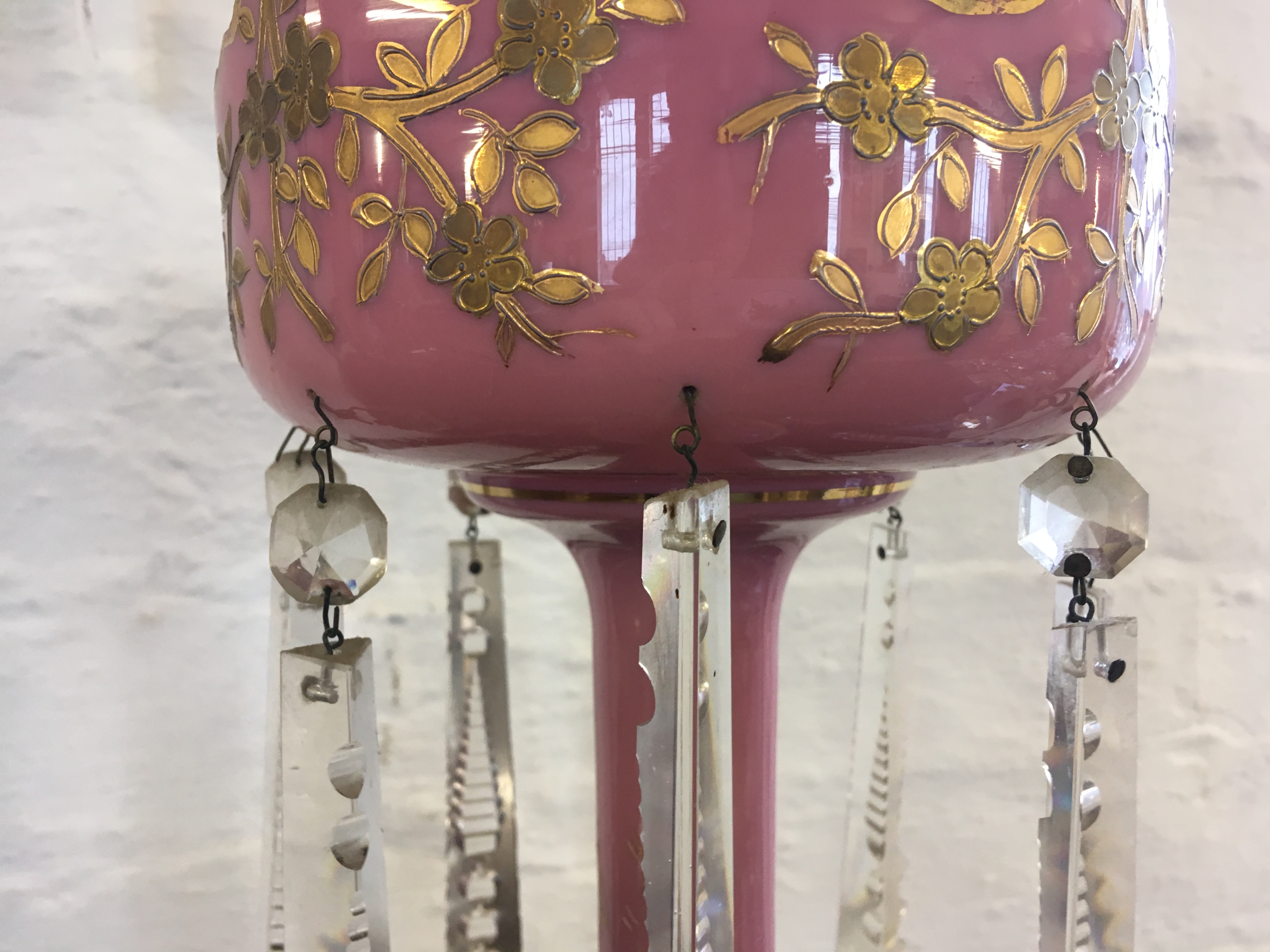 A pair of late Victorian pink opaline glass lustres, - Image 7 of 12