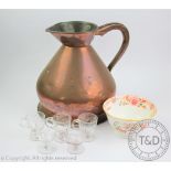 A Victorian copper two gallon measure, 31cm, with five glass custard cups,